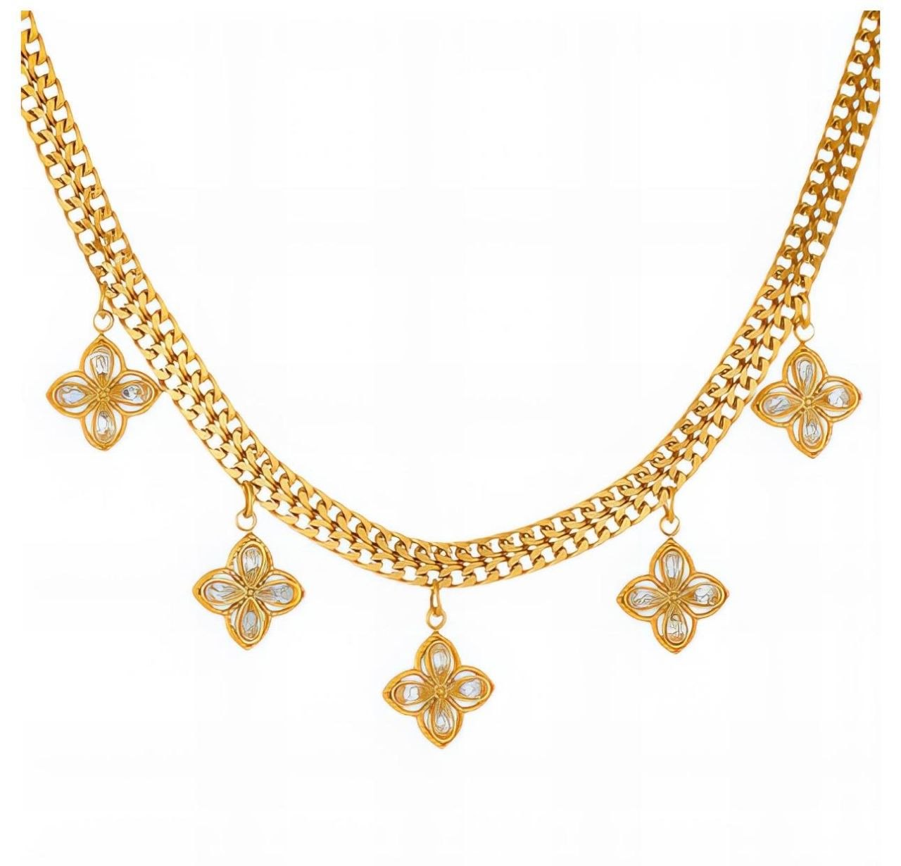 Gold Double Chain Floral Crystal Charm Necklace
