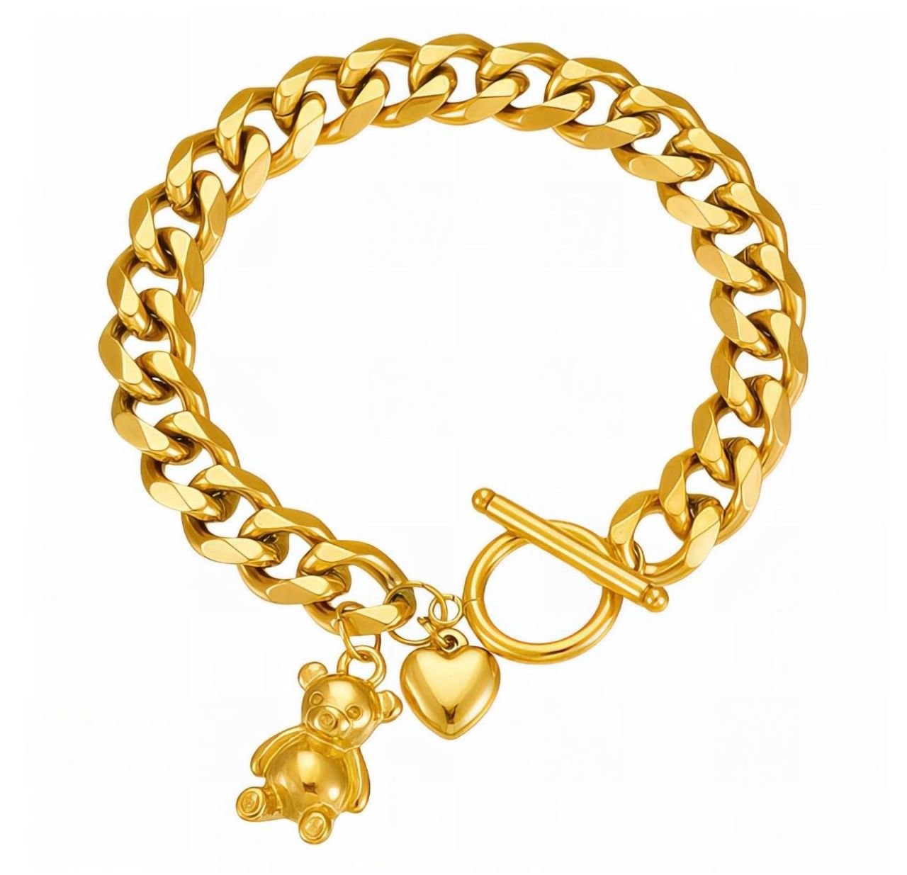 Gold Cuban link charm bracelet with bear and heart charms