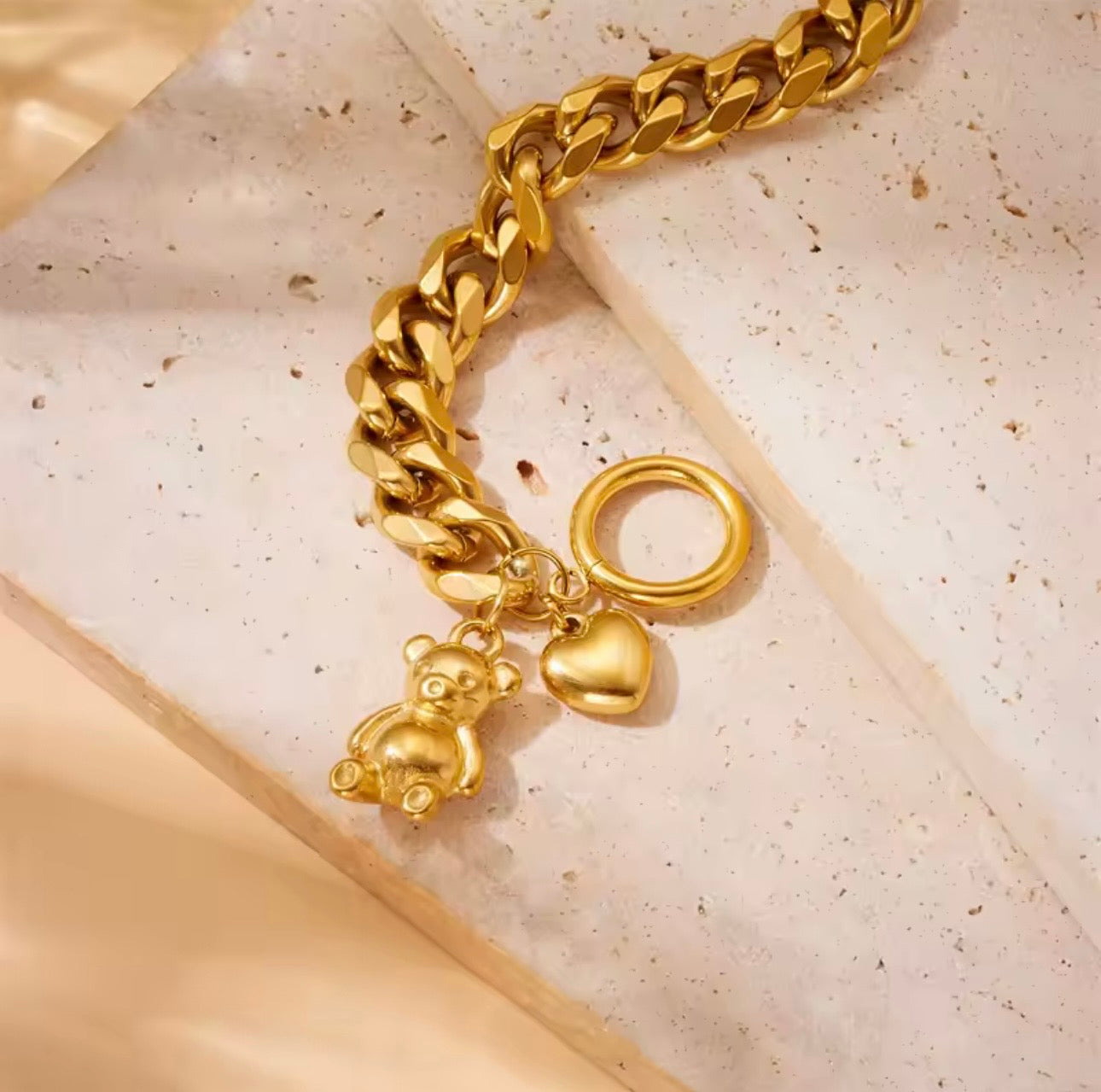Gold Cuban Link Bracelet with Teddy Bear & Heart Charms