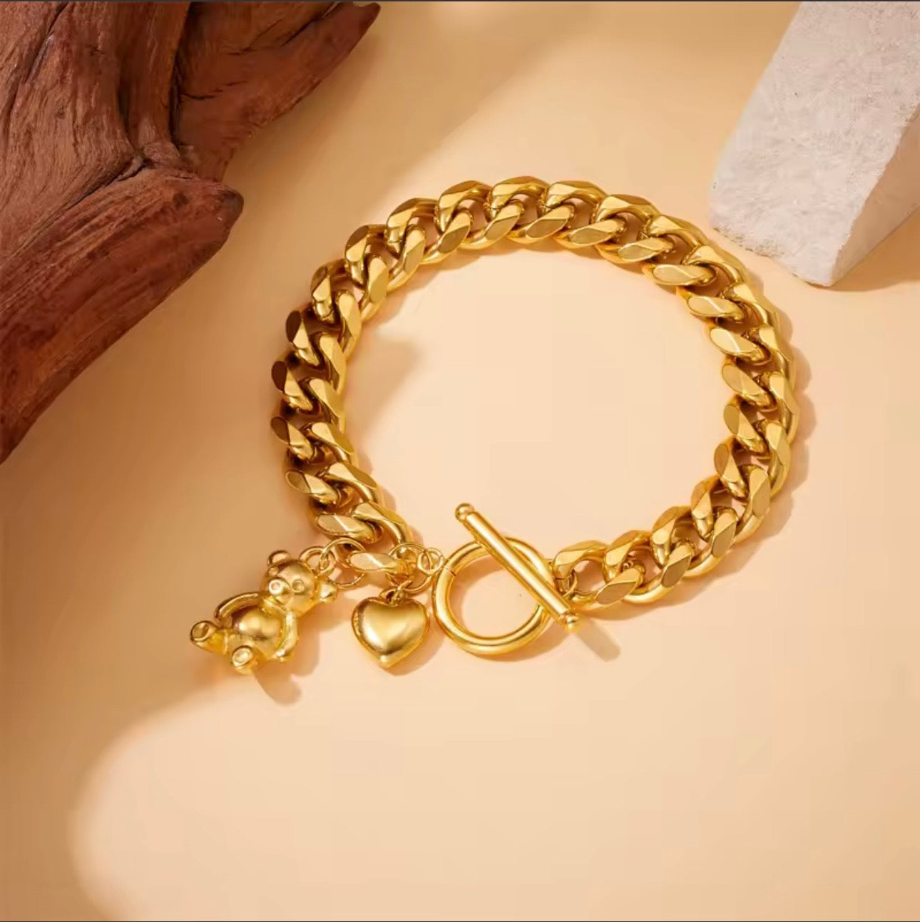 Gold Cuban Link Bracelet with Teddy Bear & Heart Charms