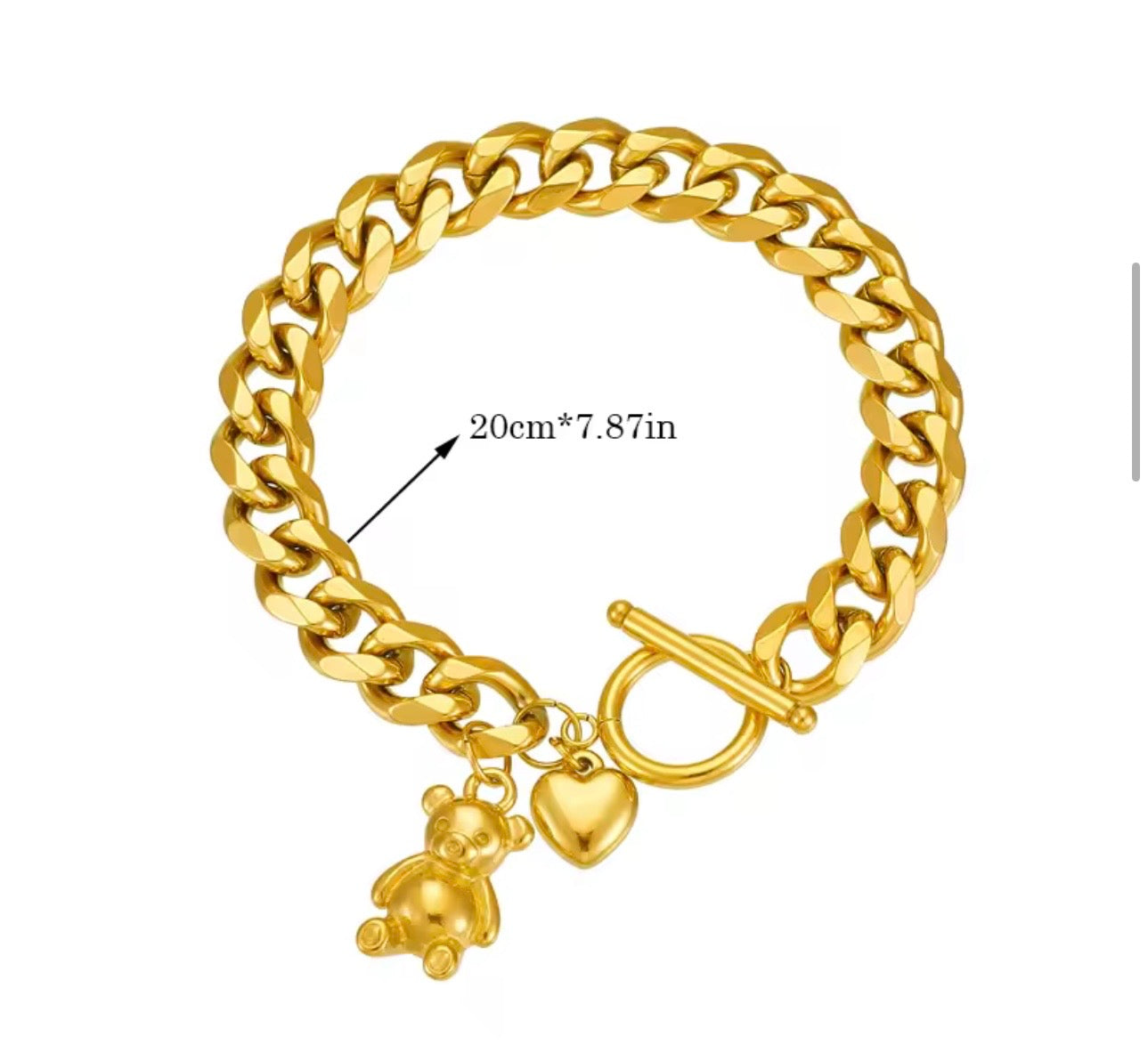 Gold Cuban Link Bracelet with Teddy Bear & Heart Charms