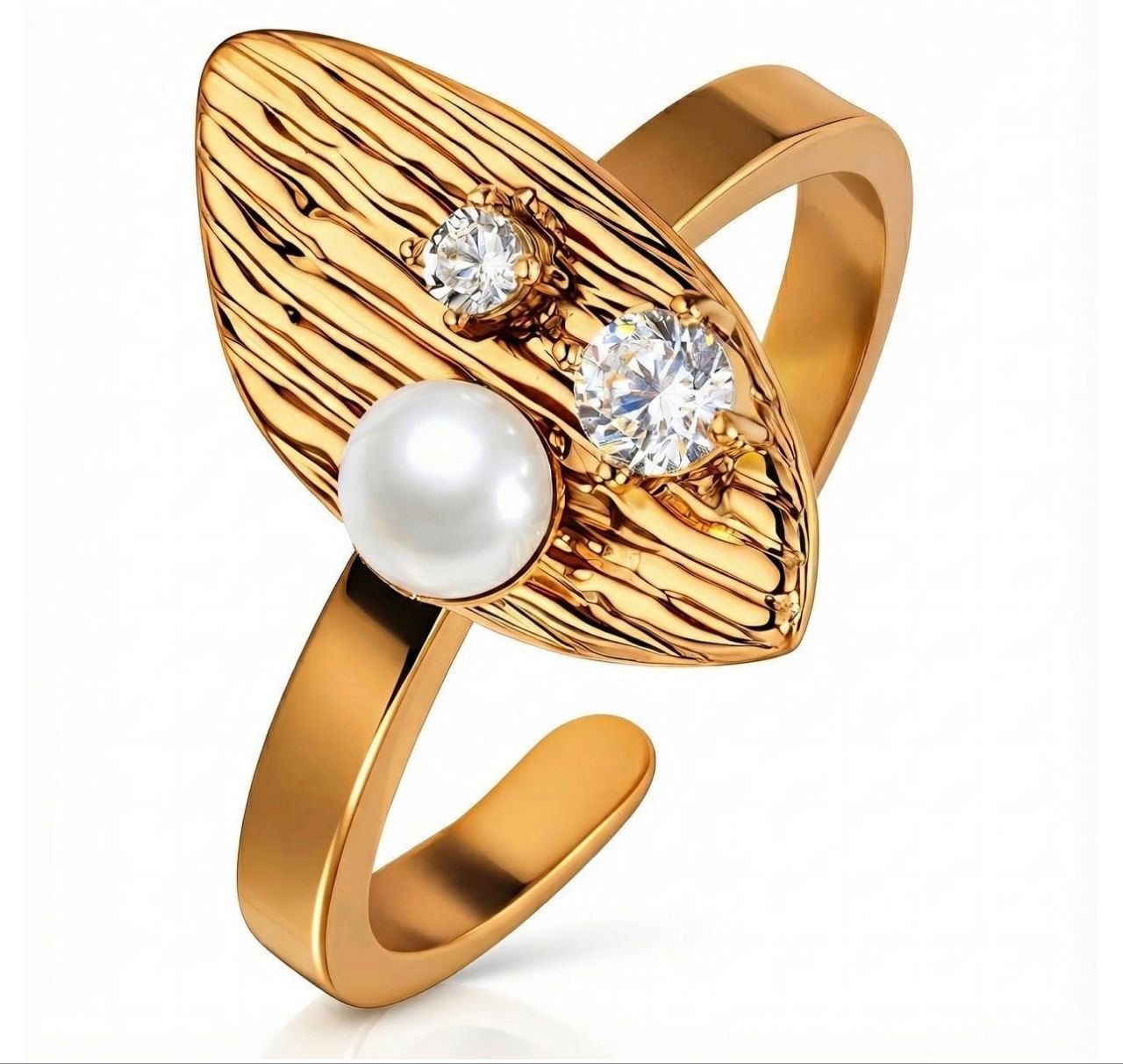 Gold Leaf Pearl & Crystal Open Ring