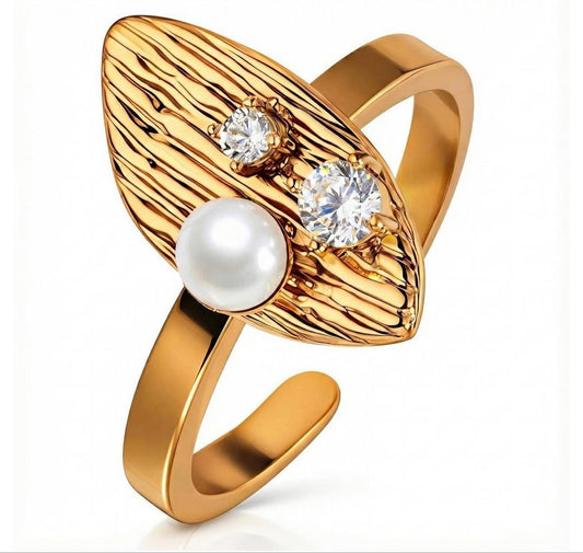 Gold Leaf Pearl & Crystal Open Ring