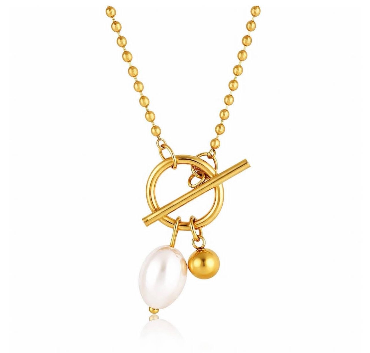 Gold Bead Chain Necklace with Pearl & Ball Pendant