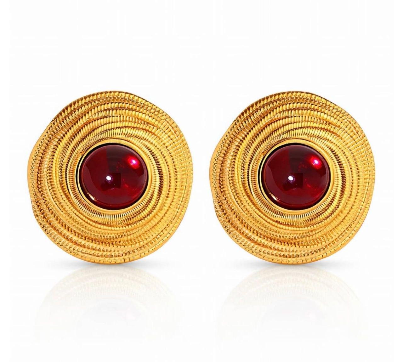 Gold Spiral Disc Earrings with Red Cabochon