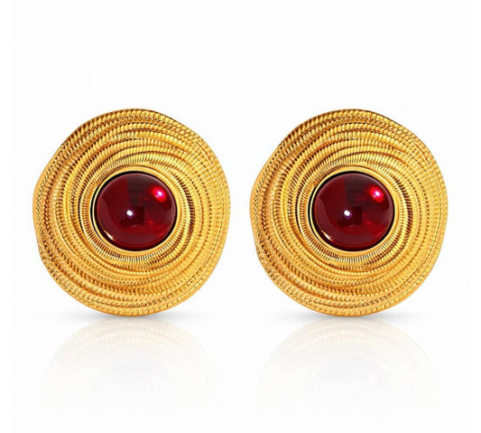 Gold Spiral Disc Earrings with Red Cabochon