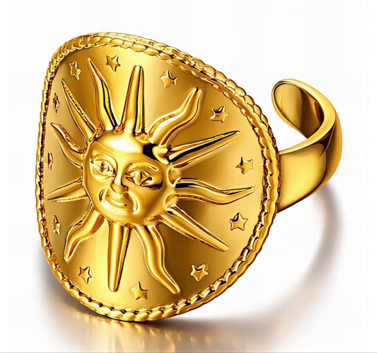 Gold Celestial Sun Face Signet Ring