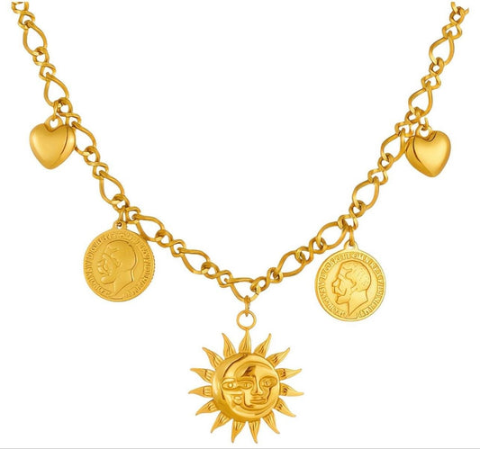Gold Figaro Charm Necklace – Sun, Coin & Heart