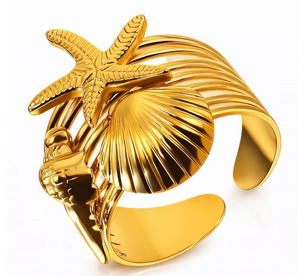 Gold Shell & Starfish Wide Cuff Ring