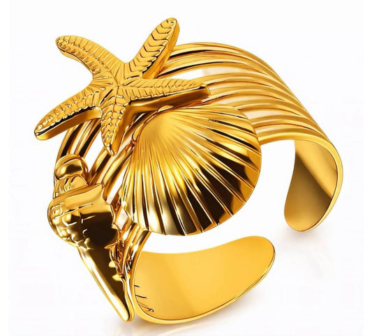 Gold Shell & Starfish Wide Cuff Ring