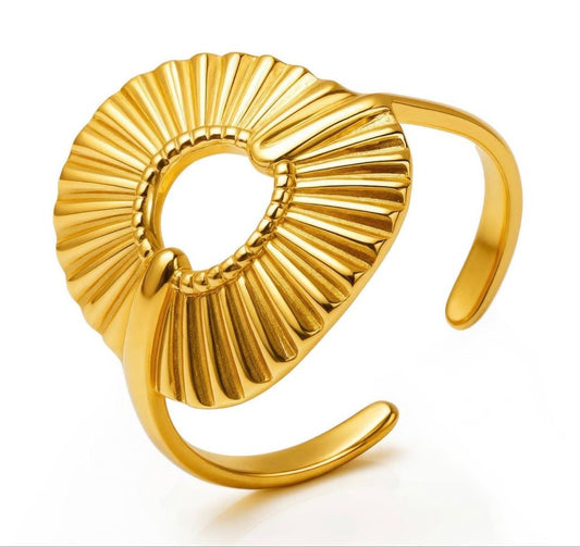 Gold Ribbed Sunburst Disc Cuff Ring