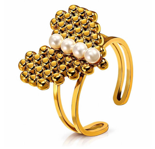 Gold Granulation Pearl Row Cuff Ring