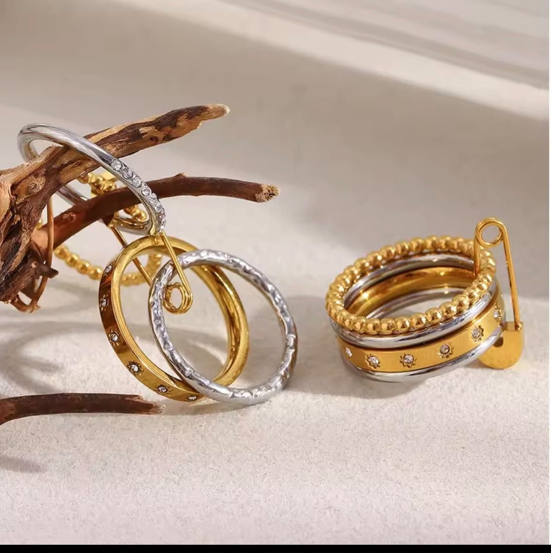 Gold & Silver Mixed Metal Stacking Ring Set with Safety Pin