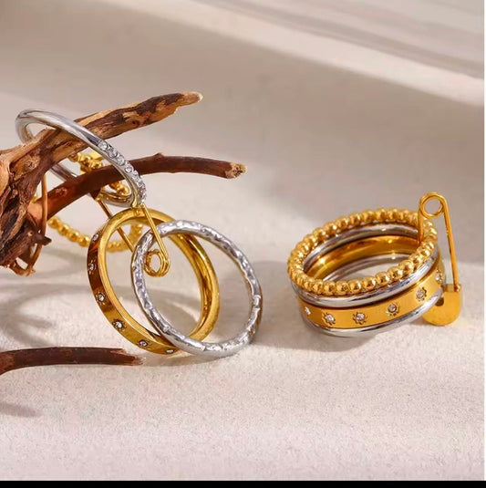 Gold & Silver Mixed Metal Stacking Ring Set with Safety Pin