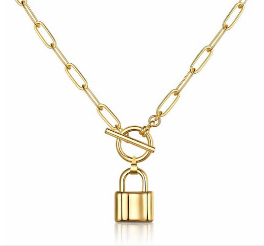 Gold Paperclip Chain Padlock Necklace