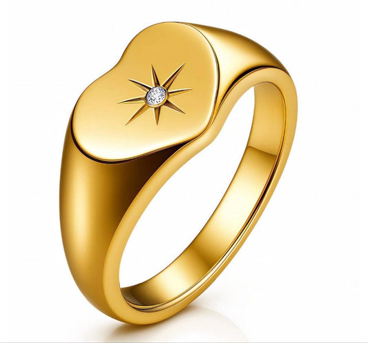 Gold Heart North Star Signet Ring