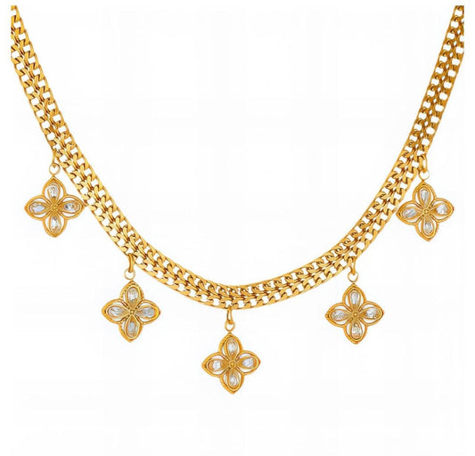 Gold Double Chain Floral Crystal Charm Necklace